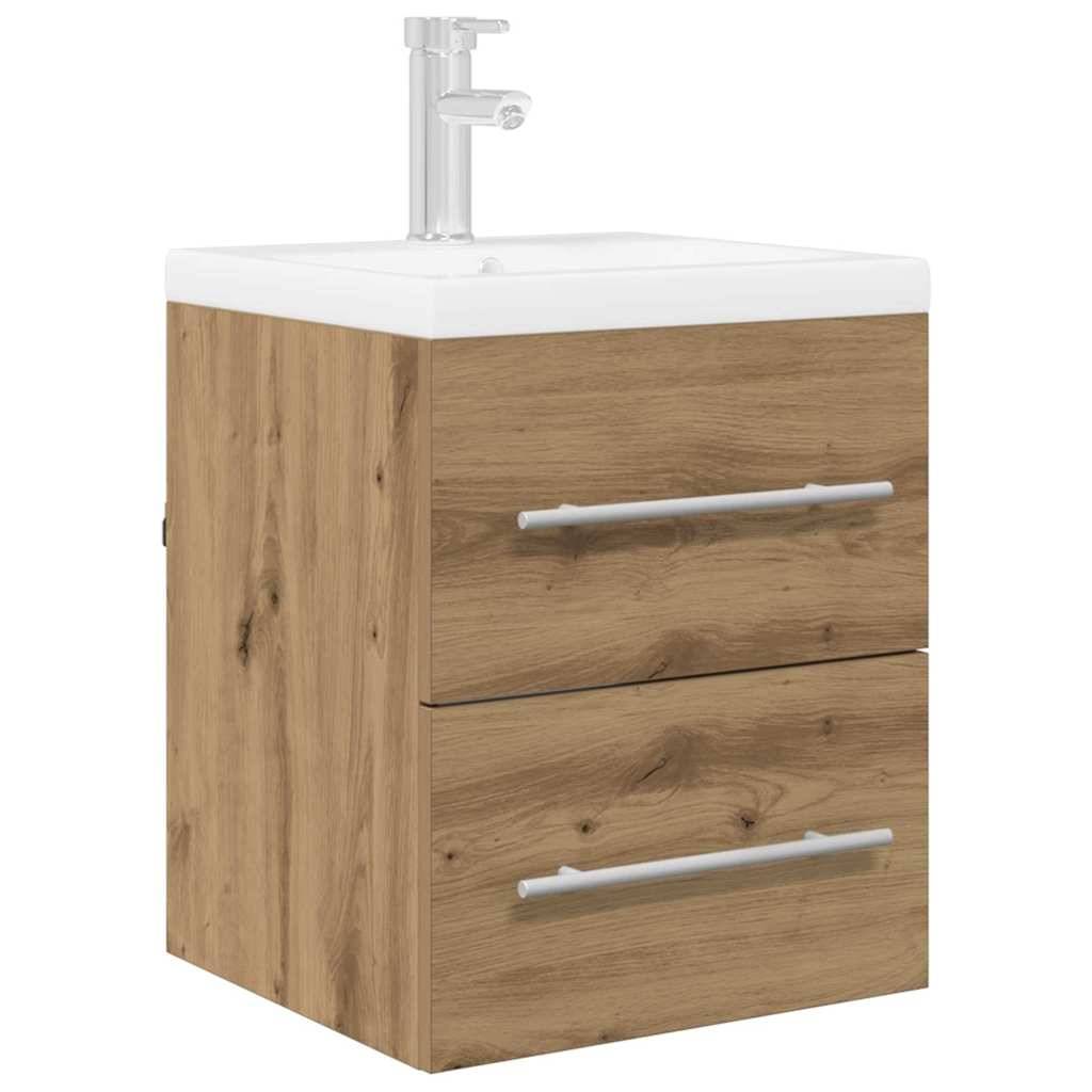 Eine moderne Holz-Waschtischkonsole mit zwei Schubladen und einem weißen Keramikwaschbecken, ausgestattet mit einem eleganten, einarmigen Wasserhahn obenauf.