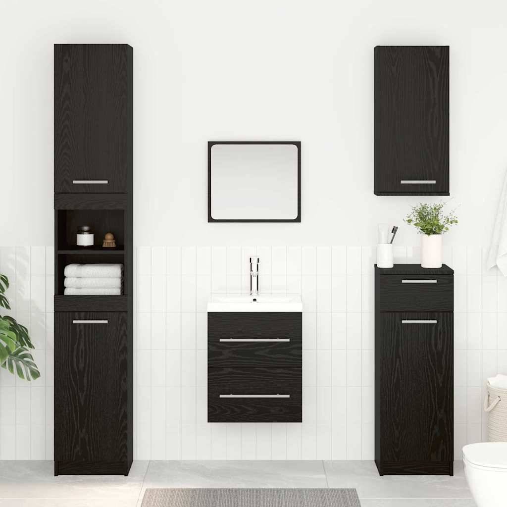 Badezimmer mit dunklen Holzschränken und einem weißen Waschbecken. Ein quadratischer Spiegel hängt über dem Waschbecken. Pflanzen verleihen einen Hauch von Grün.