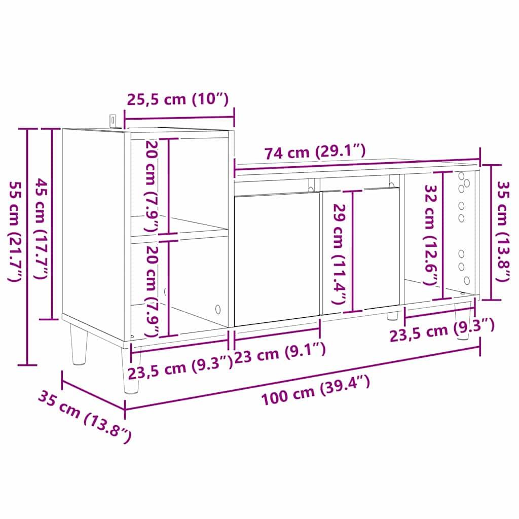 Linienzeichnung einer TV-Einheit mit Maßen: 100 cm breit, 55 cm hoch, 35 cm tief. Merkmale: Regale und Türen, dargestellt in Zentimetern und Zoll.