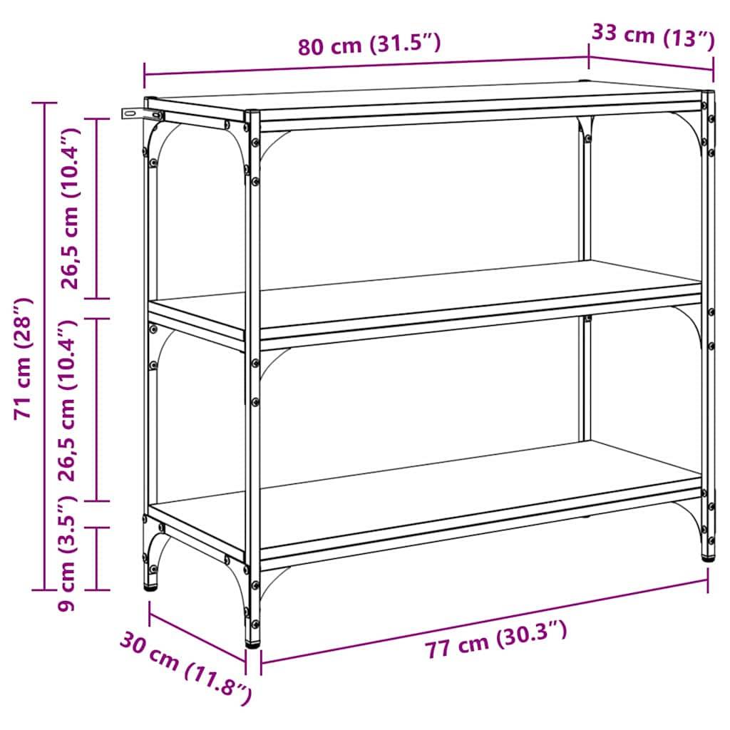 Ein Regalsystem mit drei Ebenen. Abmessungen: 80 cm breit, 33 cm tief und 77 cm hoch. Höhe der einzelnen Regale: 9 cm, 26,5 cm, 41,5 cm.