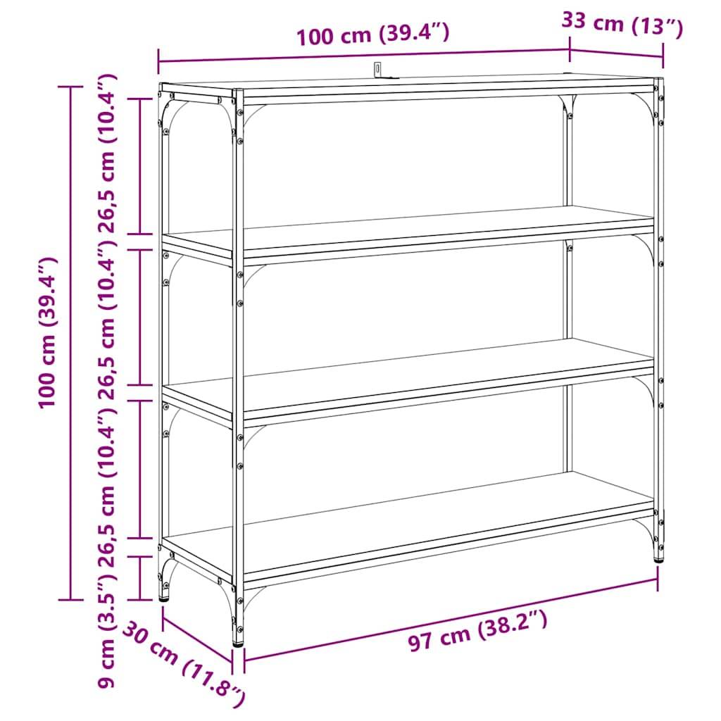 Metallregal Abmessungen: Höhe 100 cm, Breite 100 cm, Tiefe 33 cm, Regalhöhen: 9, 26,5, 26,5, 26,5 cm; Länge 97 cm.