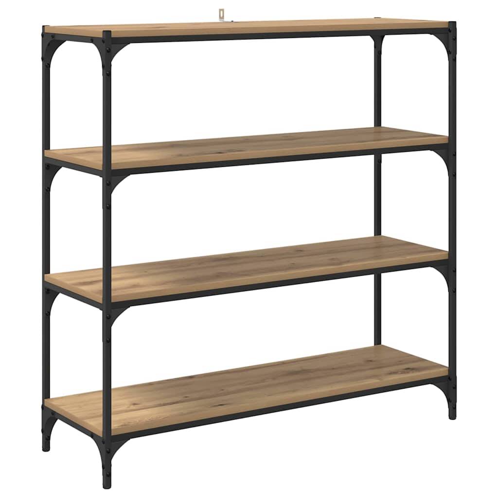 Ein Holzregalgestell mit vier Ebenen und einem Metallrahmen, das großzügige leere Regale umfasst und für Aufbewahrung oder Präsentationszwecke konzipiert ist.