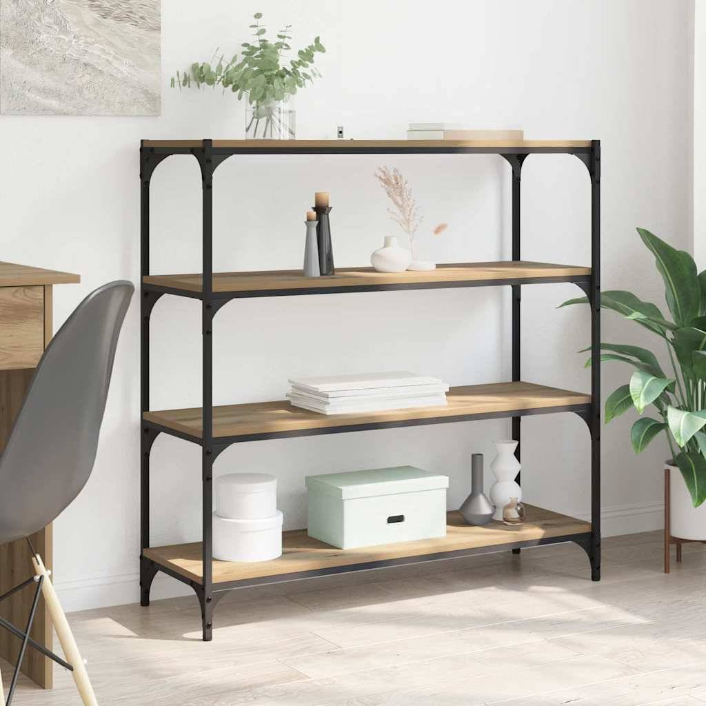 Ein Regal aus Holz und Metall trägt Bücher, dekorative Vasen und eine grüne Aufbewahrungsbox vor einer hellen Wand, mit einer Pflanze in der Nähe.