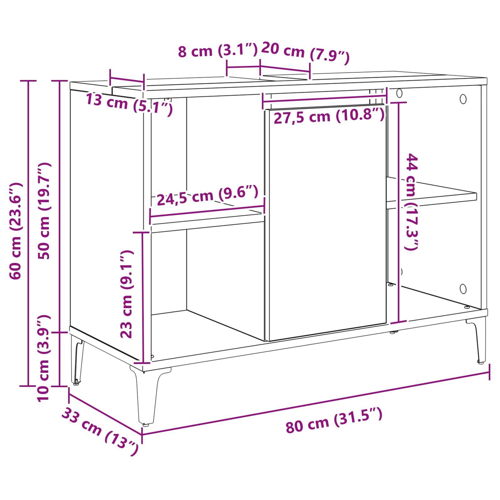 vidaXL Waschbeckenunterschrank mit Regal Sonoma-Eiche 80 x 33 x 60 cm
