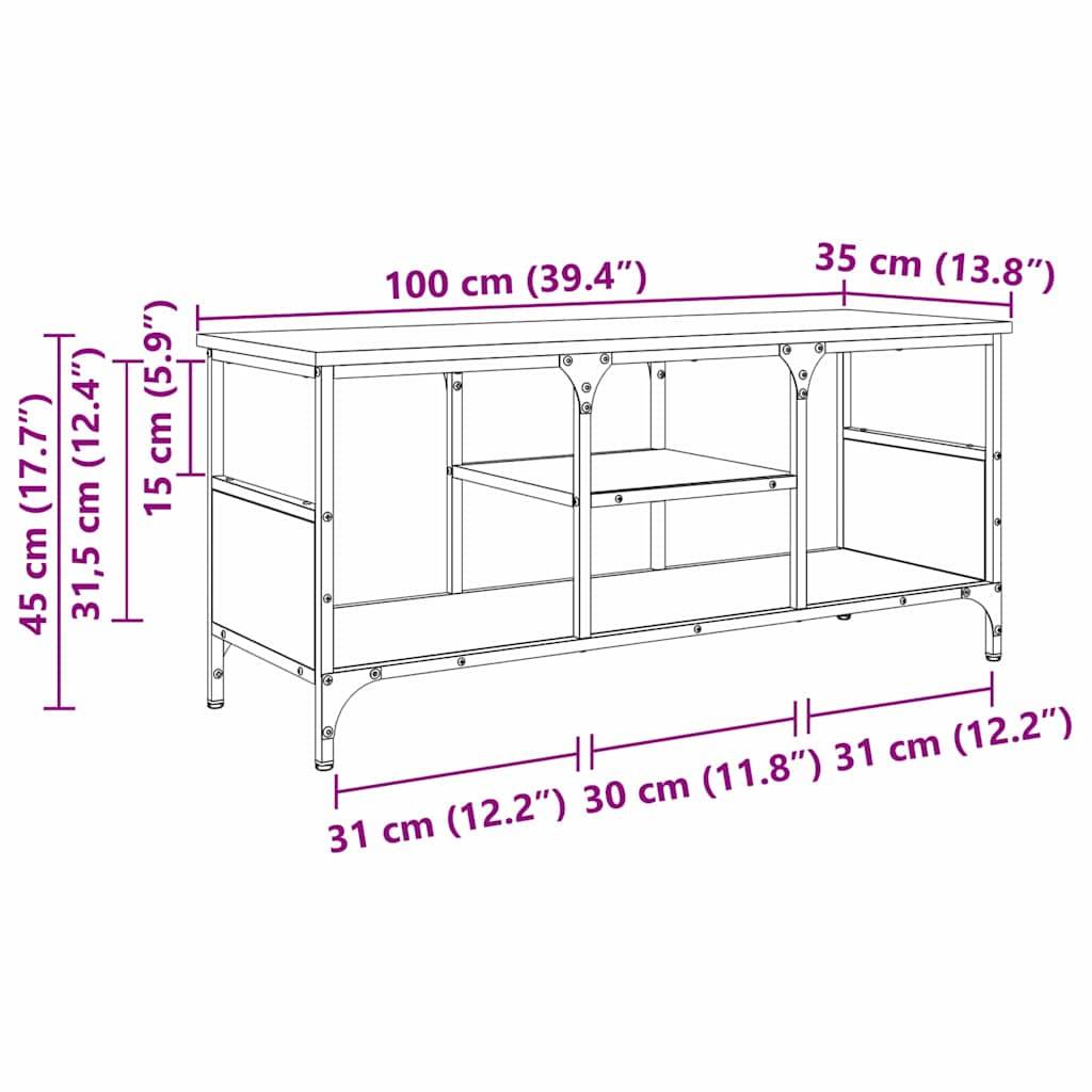 Eine Illustration des Rahmens eines Tisches mit Maßangaben: 100 cm Länge, 45 cm Höhe, 35 cm Breite. Enthält Dimensionen in Zoll.