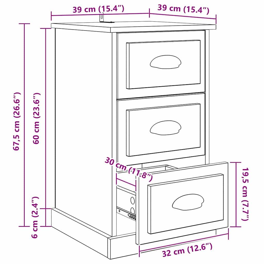 Eine Skizze eines Aktenschranks mit Abmessungen: 67,5 cm Höhe, 39 cm Breite, 39 cm Tiefe. Ausgestattet mit drei Schubladen; eine ist geöffnet.