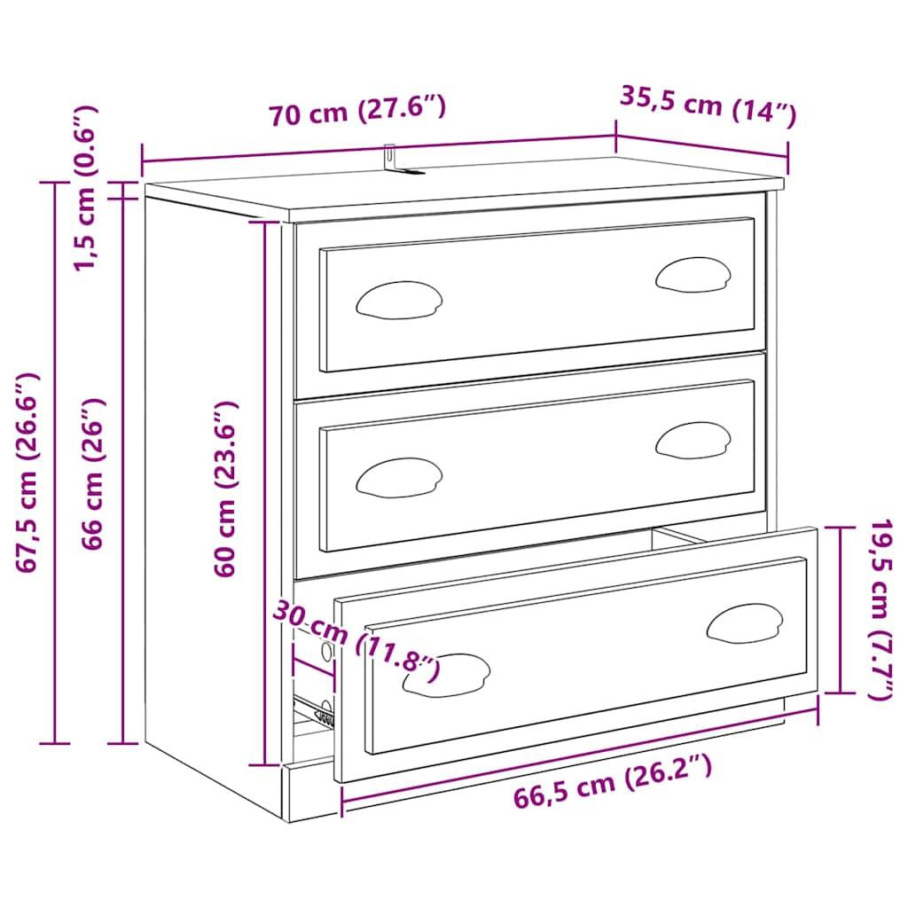 Kommode Diagramm mit Maßen: Höhe: 67,5 cm, Breite: 70 cm, Tiefe: 35,5 cm; Schublade: 19,5 cm Höhe, 66,5 cm Breite, 30 cm Tiefe.