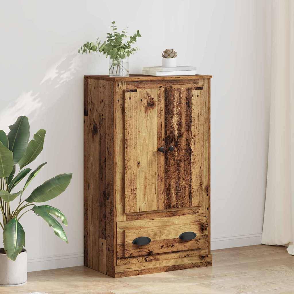 Rustikaler Holzschrank mit einer Tür und einer unteren Schublade, stilisiert mit einer Vase, Büchern und einer kleinen Pflanze in einem hellen Raum.