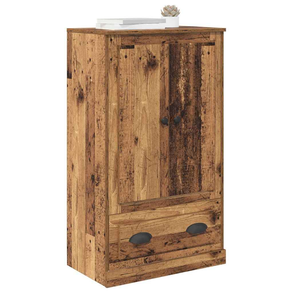 Rustikaler Holzschrank mit zwei Vordertüren und einer unteren Schublade, auf einem weißen Hintergrund dargestellt.