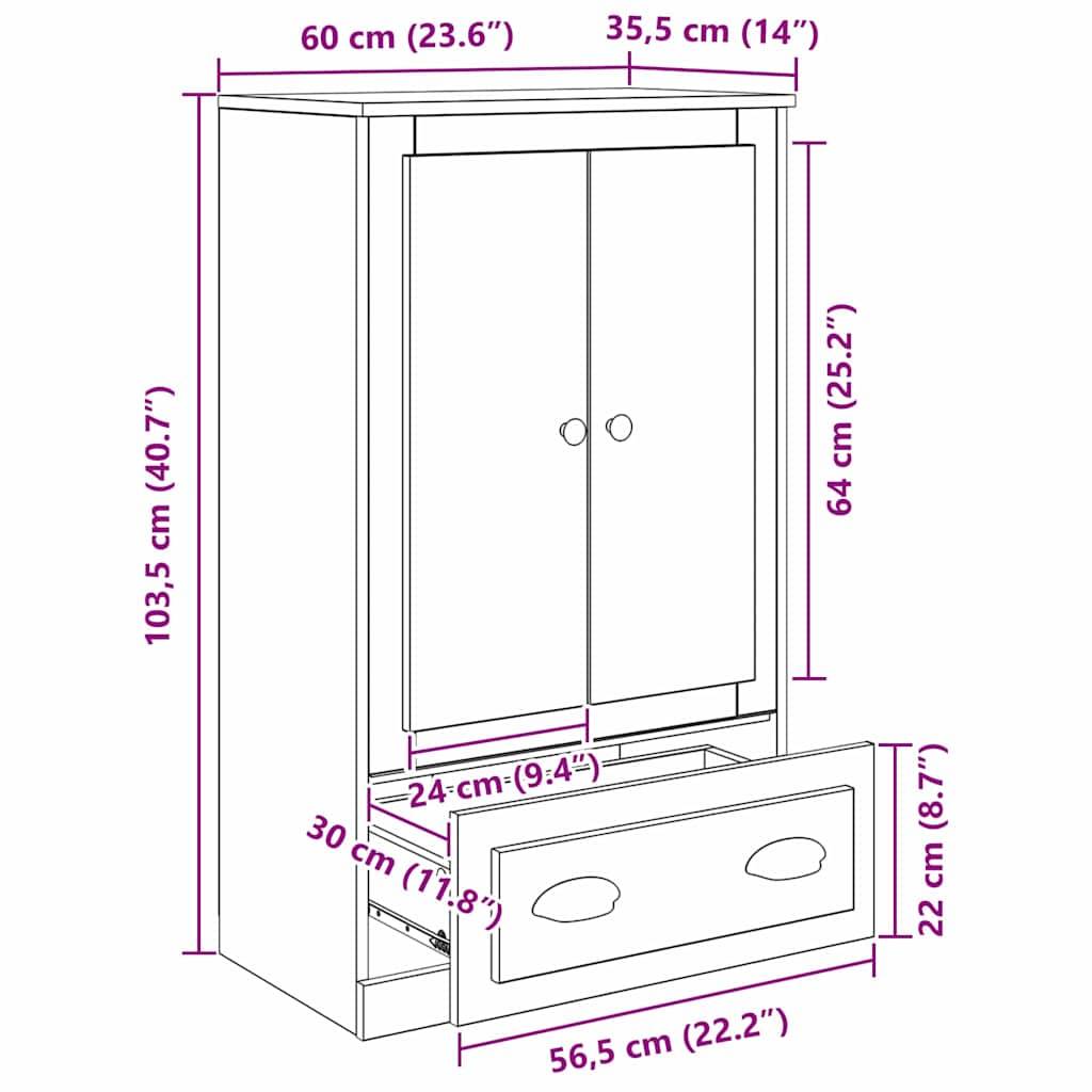 Schrankabmessungen: 103,5 cm hoch, 60 cm breit, 35,5 cm tief. Mit zwei Türen über einer Schublade. Innenbreite 56,5 cm, Tiefe 30 cm.