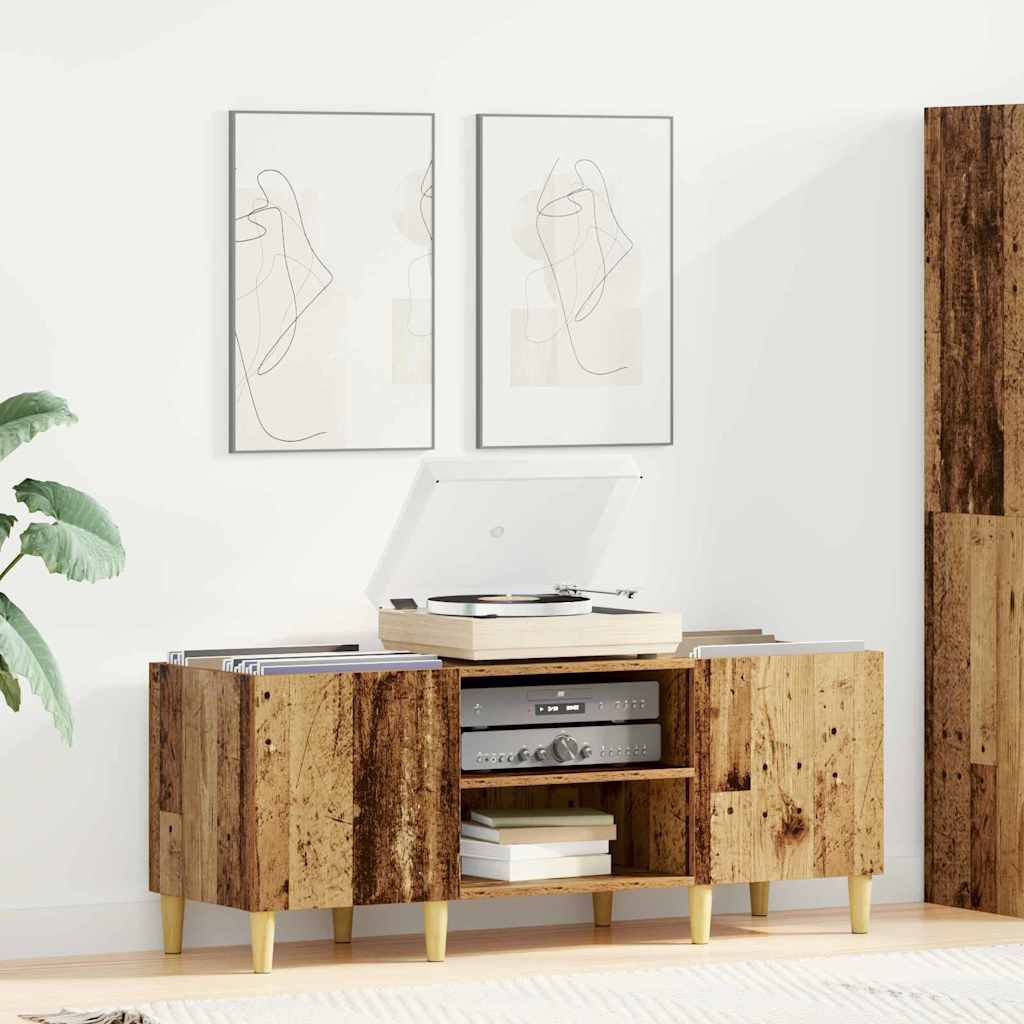 Eine moderne Wohnzimmerecke zeigt ein Holzsideboard mit einem Plattenspieler und einer Stereoanlage. Zwei abstrakte Kunstwerke hängen darüber.