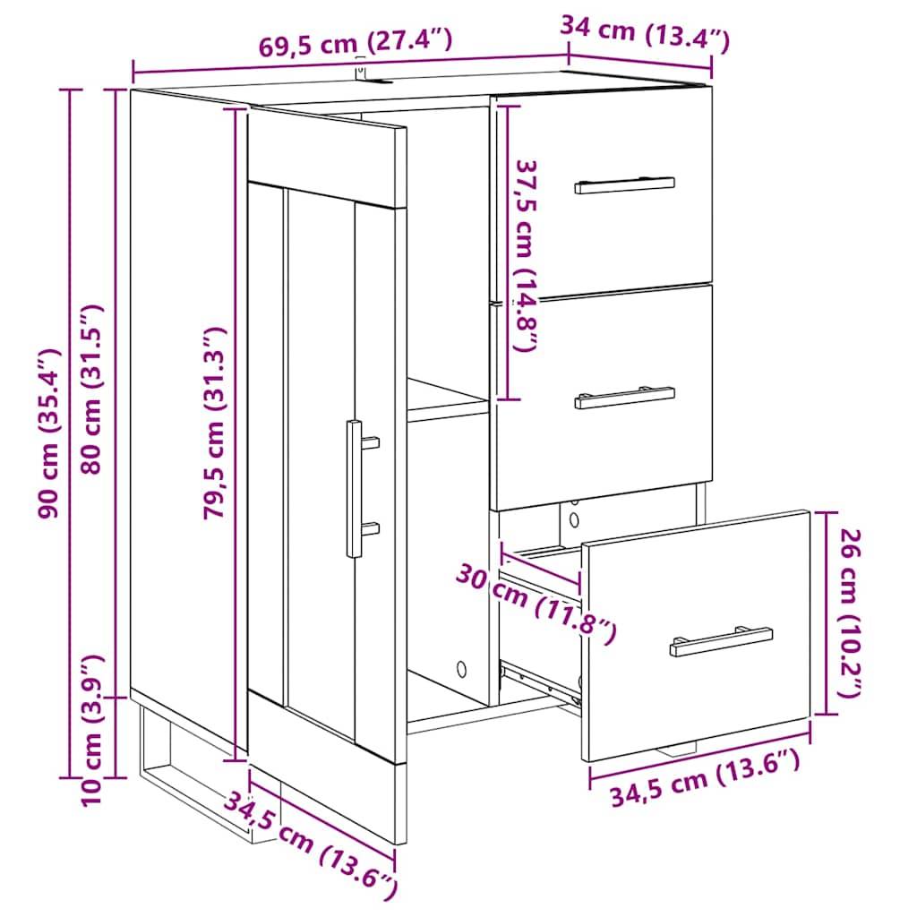 Badezimmerschrank-Abmessungen: Höhe 90 cm, Breite 69,5 cm, Tiefe 34 cm. Beinhaltet eine Tür, drei Schubladen, Griffe abgebildet.