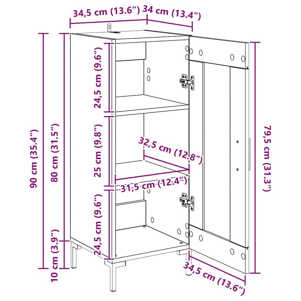 Schrank-Diagramm mit Abmessungen: Höhe 90 cm, Breite 34,5 cm, Tiefe 31,5 cm. Einlegeböden bei 25 cm und 24,5 cm Höhe, Tür öffnet 34 cm.