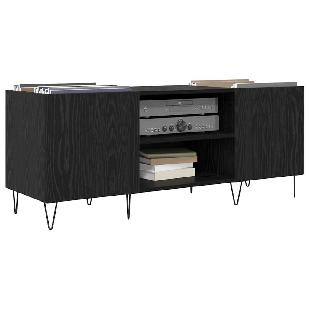 Eine schwarze Holz-Medienkonsole mit Metallfüßen verfügt über zwei Ablagen für Audiogeräte und drei Bereiche zum Aufbewahren von Schallplatten.