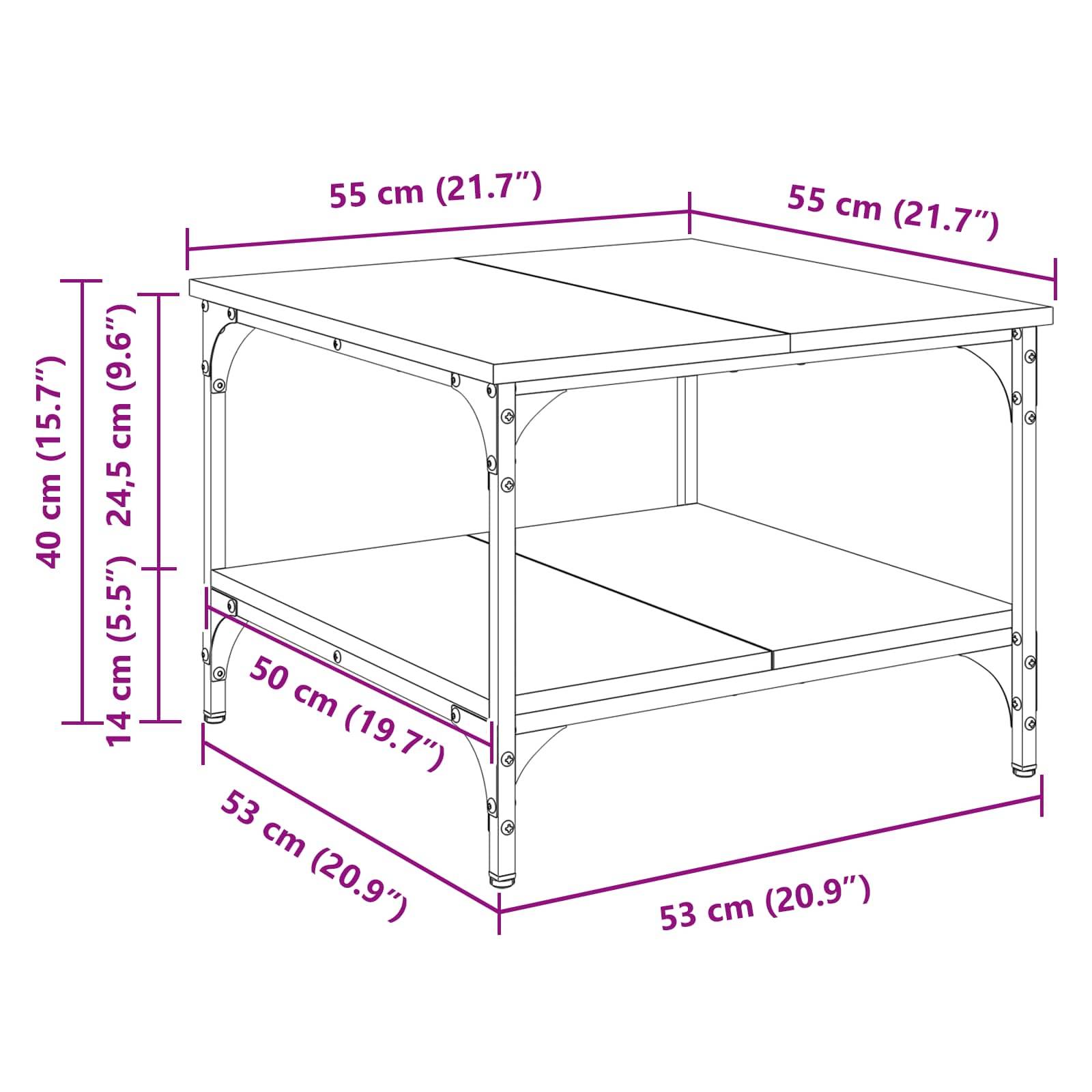 Eine Linienzeichnung eines quadratischen Tisches zeigt folgende Abmessungen: 55 cm Breite, 53 cm Tiefe, 40 cm Gesamthöhe. Zusätzliches Regal in 14 cm Höhe.