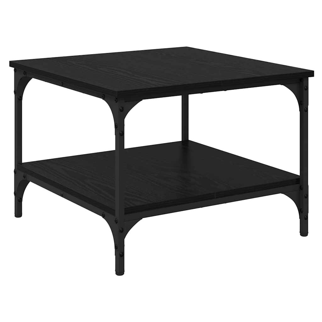 Ein schwarzer, quadratischer, zweistufiger Couchtisch mit Metallrahmen und Holzoberflächen, gestaltet im minimalistischen und industriellen Stil.