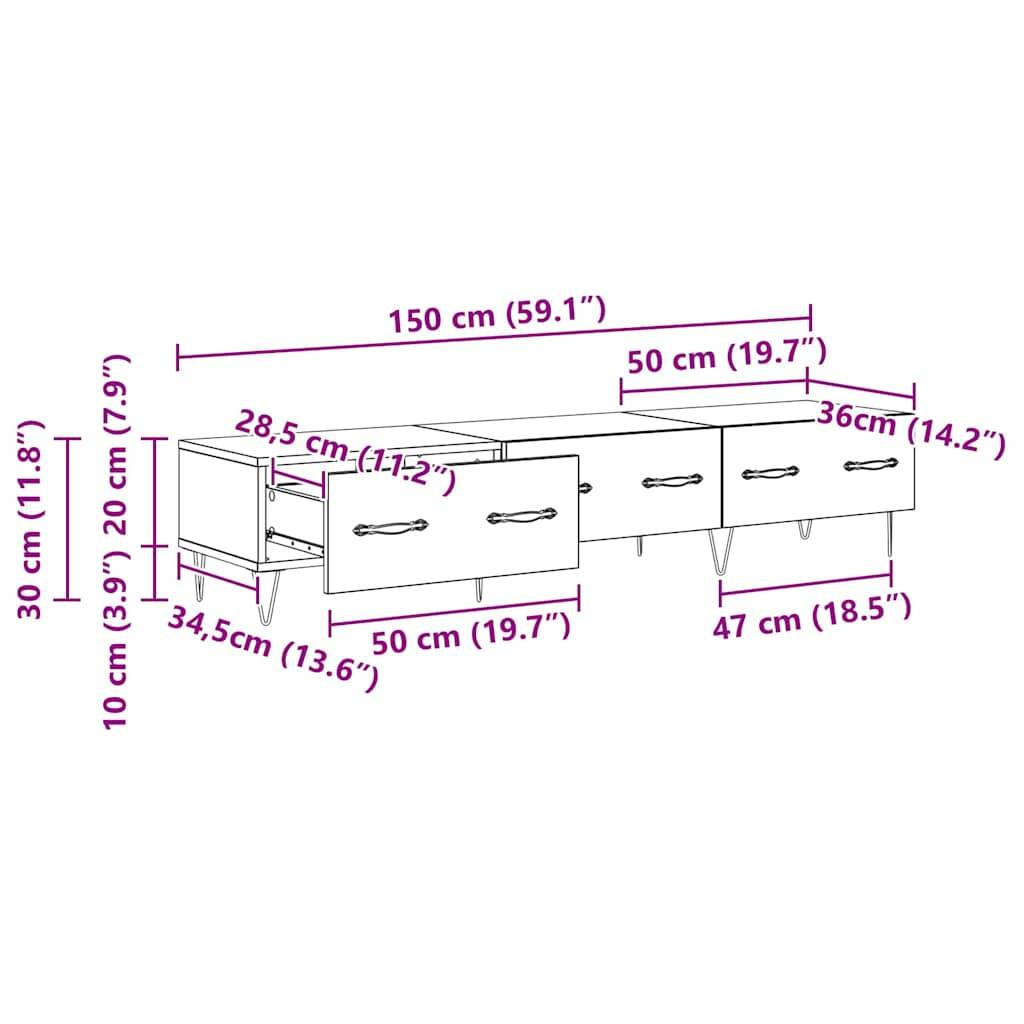 TV-Ständer Maße: gesamt 150 cm (59,1") Breite, 47 cm (18,5"") Tiefe, 36 cm (14,2"") Höhe; inklusive Regale und Schubladen.
