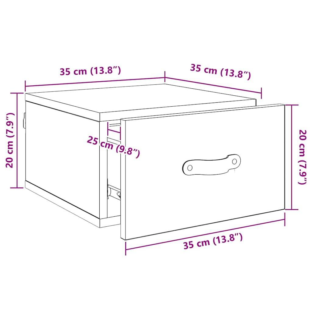 Eine Skizze einer Schublade mit Abmessungen: Breite 35 cm (13,8