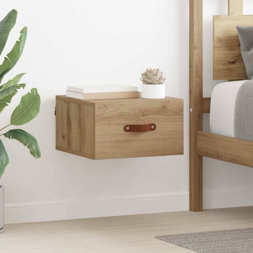 Eine minimalistische Schlafzimmerecke zeigt einen hölzernen schwebenden Nachttisch mit einer kleinen Pflanze und Büchern darauf, neben einem Bett mit Holzrahmen.