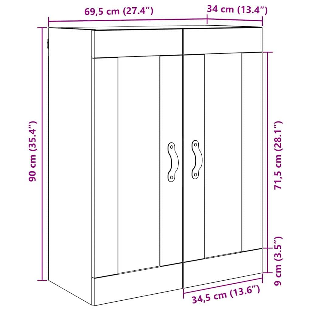 Eine Linienzeichnung eines Schranks mit zwei Türen. Maße sind angegeben: Höhe 90 cm, Breite 69,5 cm, Tiefe 34 cm. Türgriffe sind detailliert dargestellt.