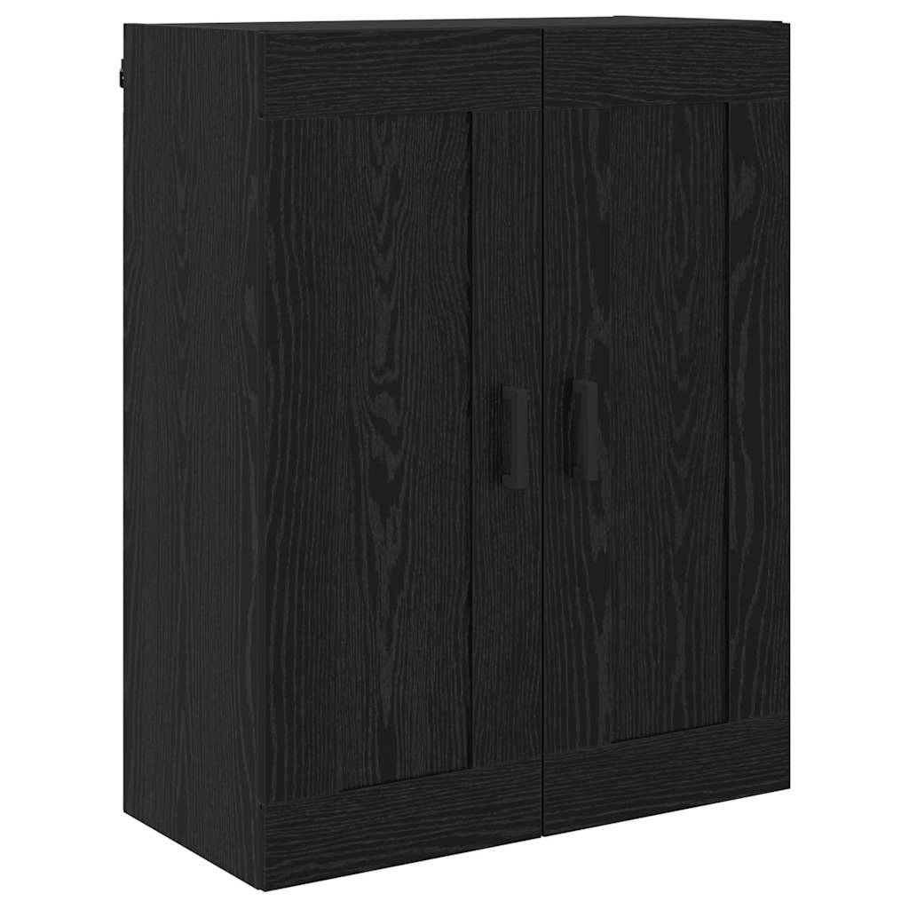 Ein schwarzer Holzschrank mit zwei Türen und dunklen Griffen. Das Design zeichnet sich durch eine strukturierte Holzmaserung aus, die ihm eine moderne Erscheinung verleiht.