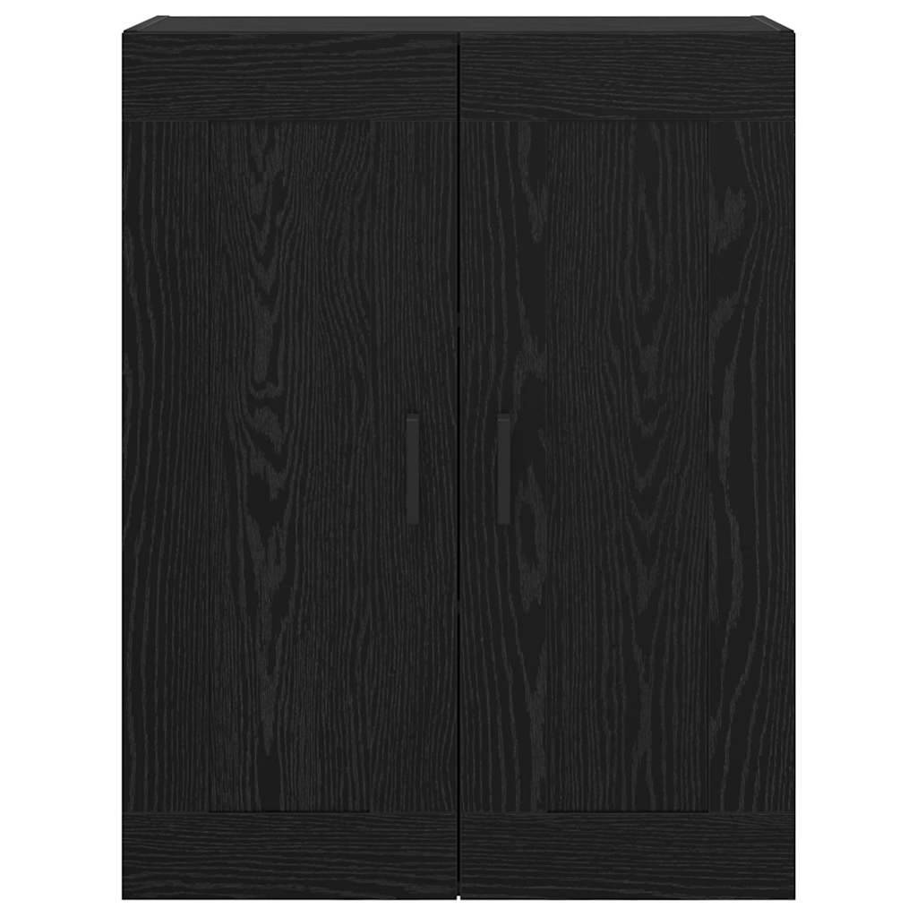 Ein schwarzer, moderner Holzschrank mit zwei vertikalen Türen und minimalistischen Griffen, der vor einem schlichten Hintergrund steht.