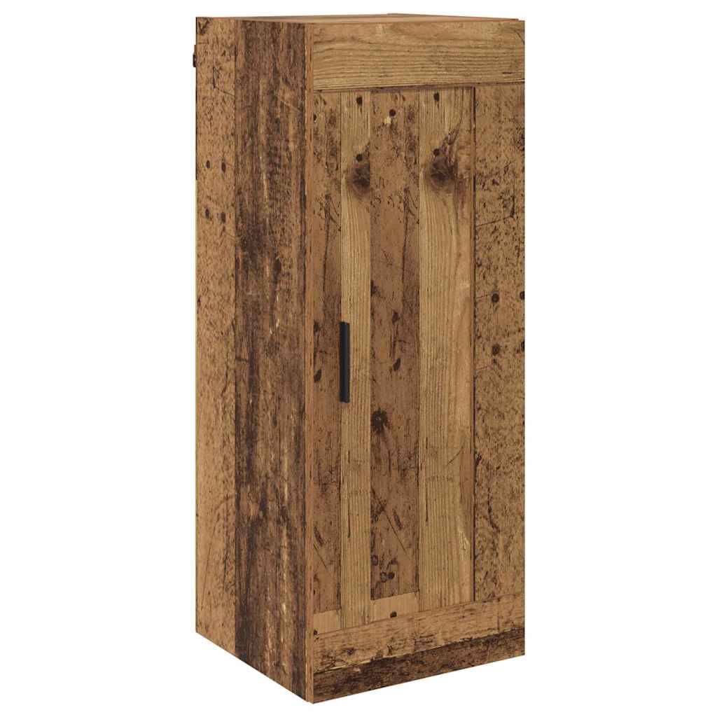 Ein rustikaler Holzschrank mit einer einzelnen Tür, versehen mit einem vertikalen Griff. Der Schrank hat eine verwitterte Oberfläche, die die Holztexturen hervorhebt.