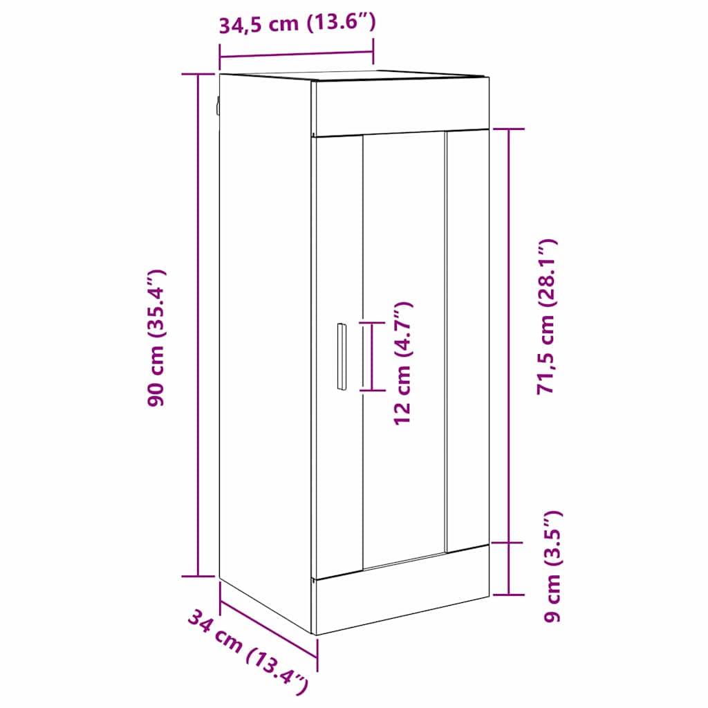 "Eine Zeichnung eines rechteckigen Schranks mit markierten Abmessungen: Höhe 90 cm (35,4"), Tiefe 34 cm (13,4""), Breite 34,5 cm (13,6"")."