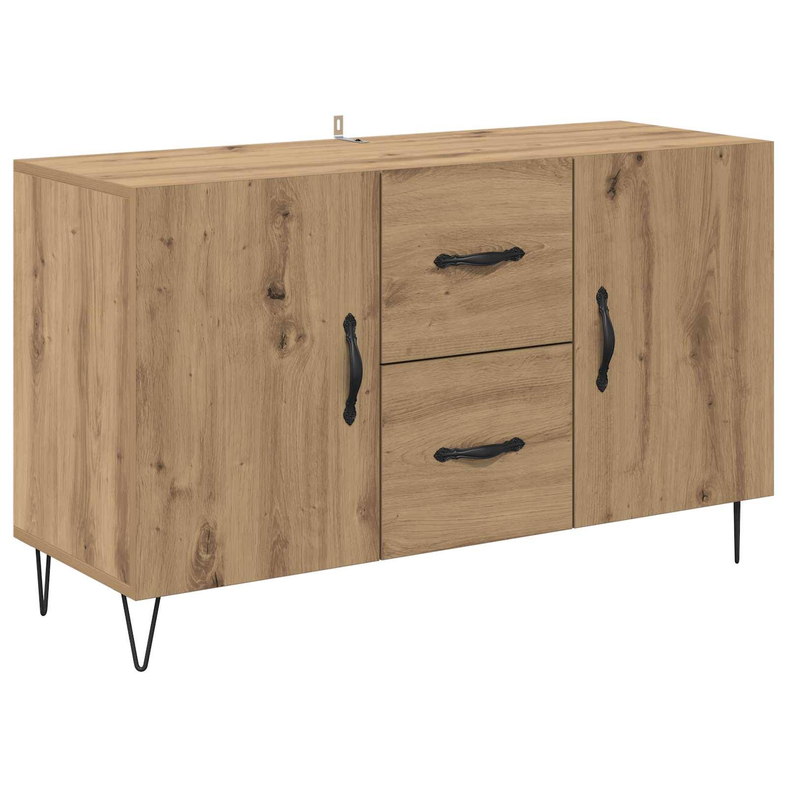 Holz-Sideboard mit zwei Türen und zwei mittleren Schubladen, erhöht auf schlanken schwarzen Metallfüßen.