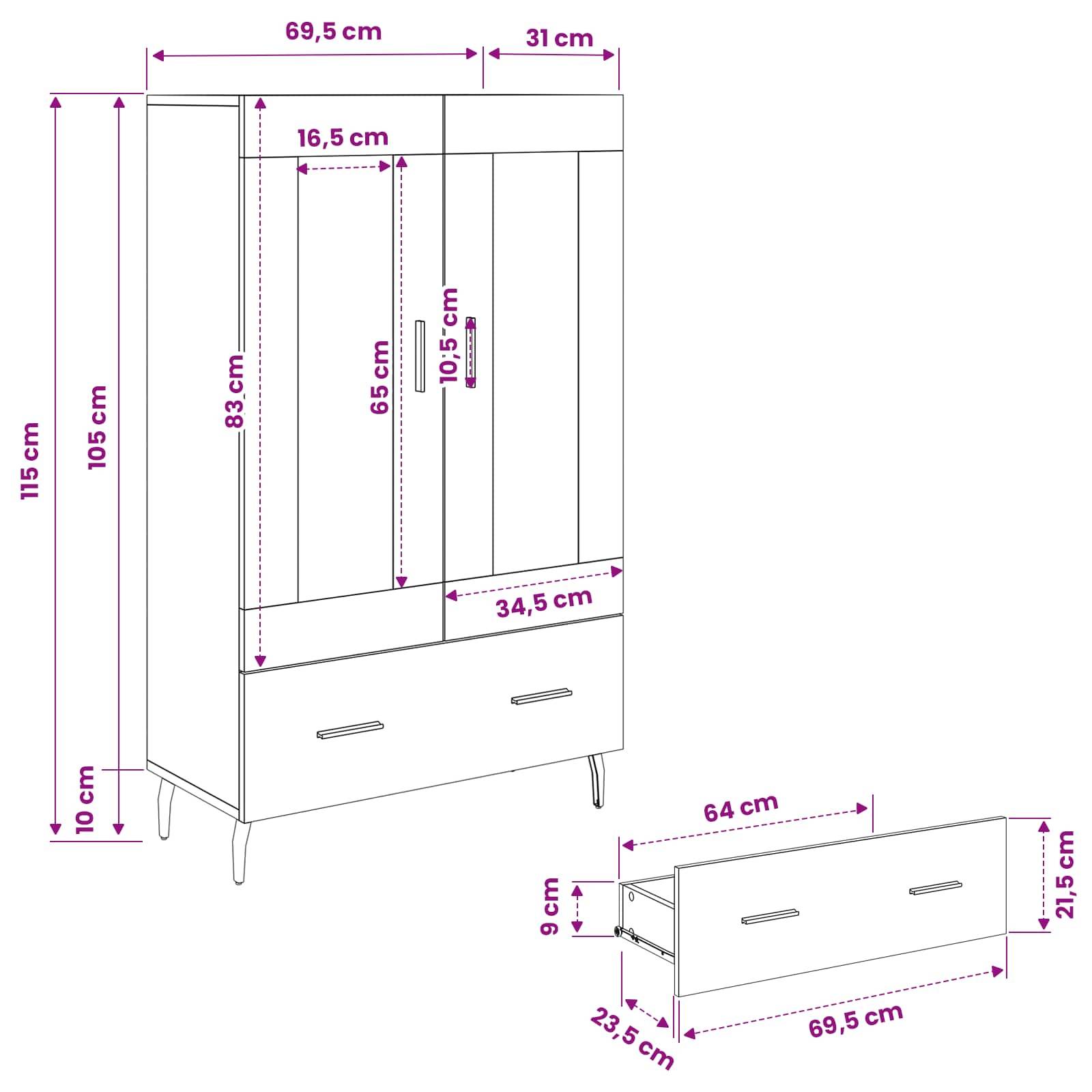 vidaXL Highboard Altholz 69,5 x 31 x 115 cm Holzwerkstoff