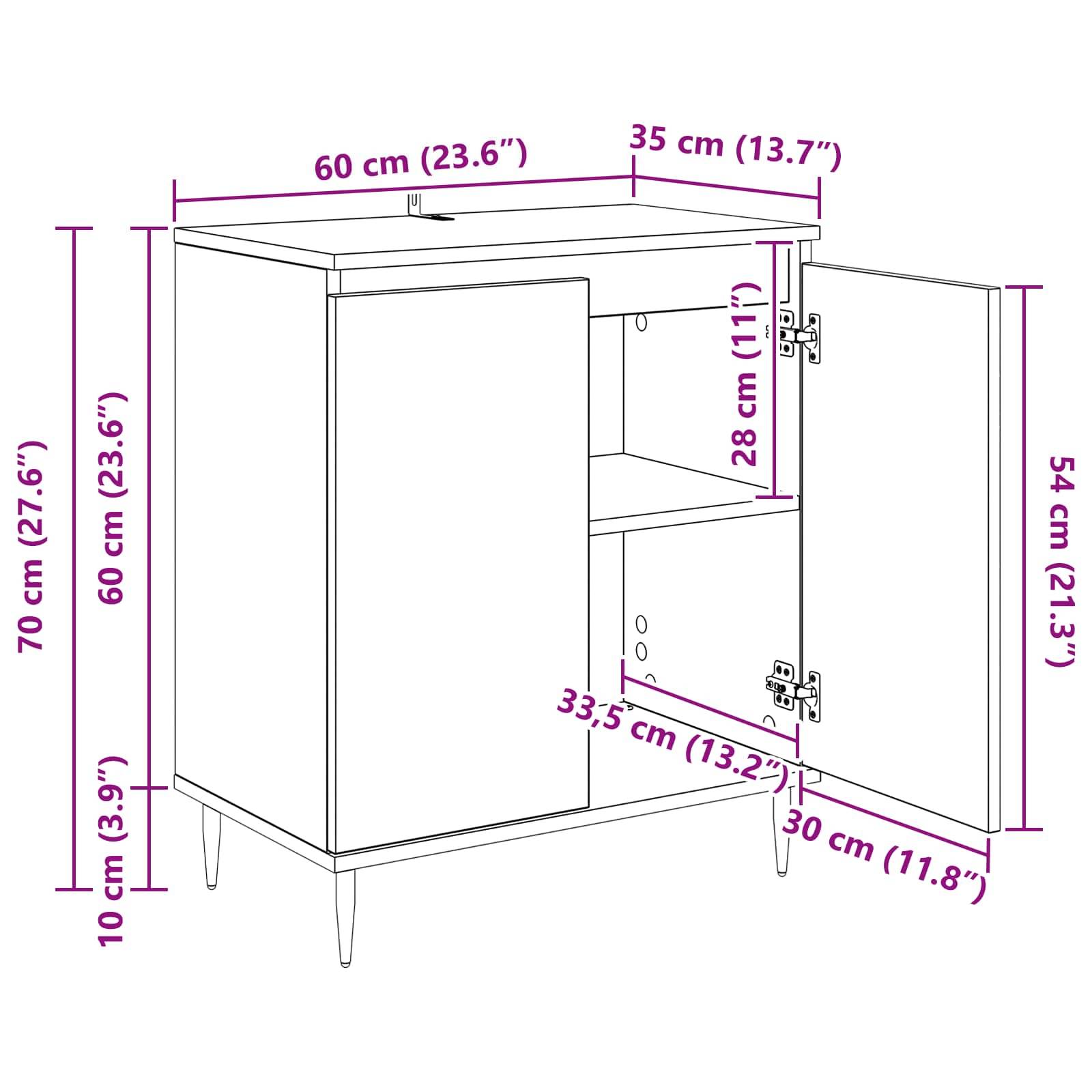 Eine Skizze eines Schranks mit Maßen: Breite 60 cm, Tiefe 35 cm, Höhe 70 cm. Türlänge 54 cm, innere Höhe 28 cm, innere Tiefe 33,5 cm.