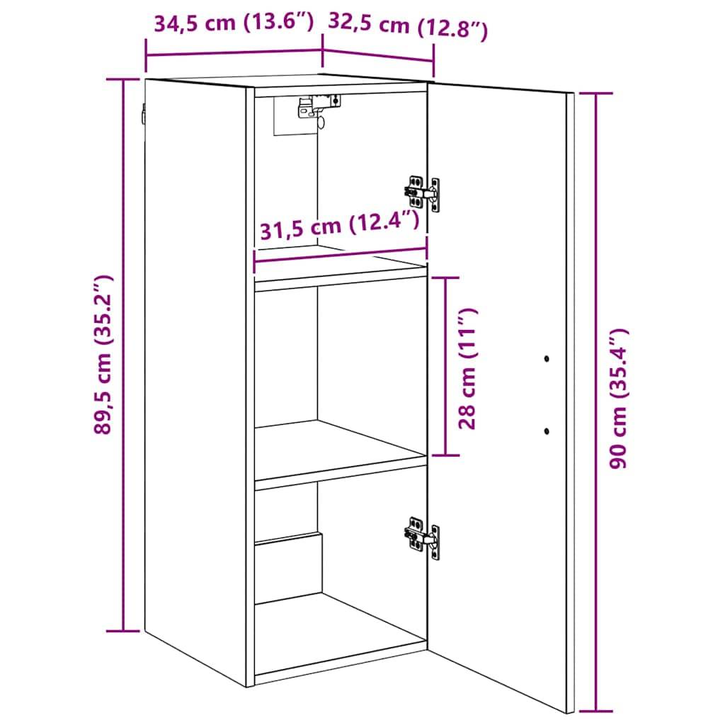 Diagramm eines Schranks mit Maßen. Höhe: 89,5 cm (35,2