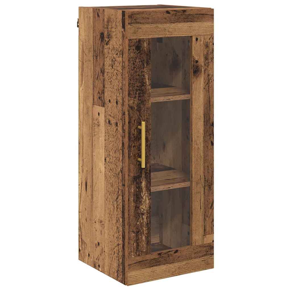 Ein rustikaler Holzschrank mit Glastür und Messinggriff, ausgestattet mit zwei Innenregalen, geeignet zum Aufbewahren oder Präsentieren von Gegenständen.