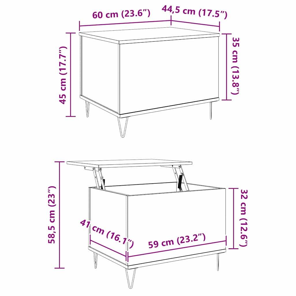 Hubtisch-Design mit zwei Ansichten: geschlossen und geöffnet. Geschlossen: 60 cm breit, 44,5 cm tief, 45 cm hoch. Geöffnet: Tischplatte steigt auf 58,5 cm, Stauraum 32 cm tief.
