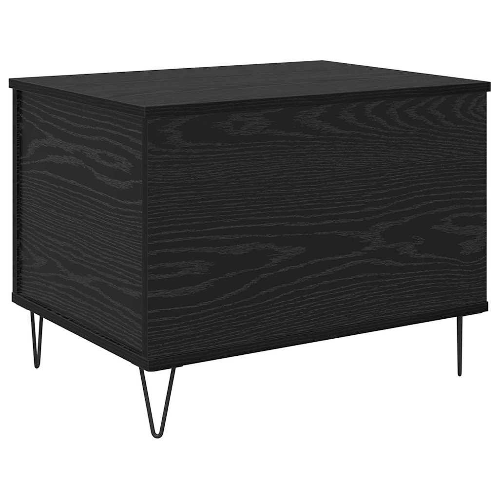 Eine schwarze Holz-Aufbewahrungsbox mit Haarnadelbeinen aus Metall. Sie weist eine Holzmaserungstextur auf und wird wahrscheinlich zur Aufbewahrung oder als Dekorationsstück verwendet.