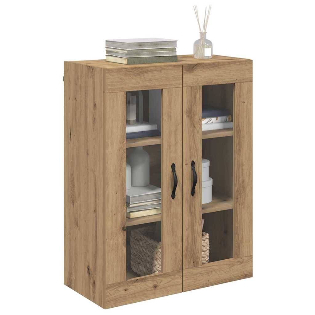 Holzschrank mit Glastüren, sichtbare Regale mit Büchern, Körben und dekorativen Gegenständen, Raumduft-Diffuser auf der Ablage.