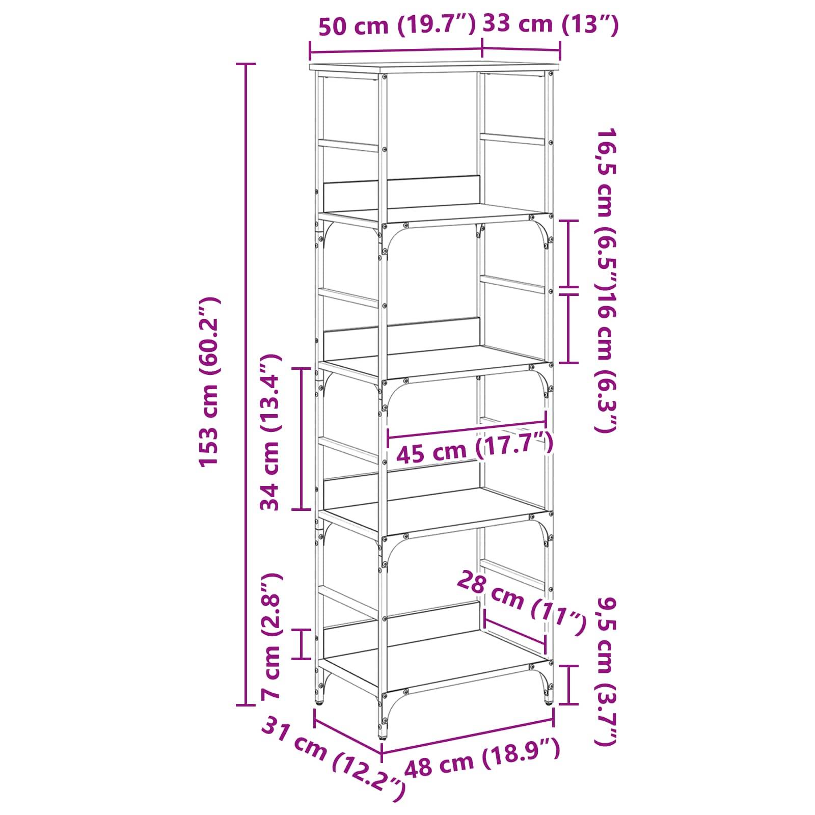 vidaXL Bücherregal Schwarz Eichen-Optik 50 x 33 x 153 cm Holzwerkstoff