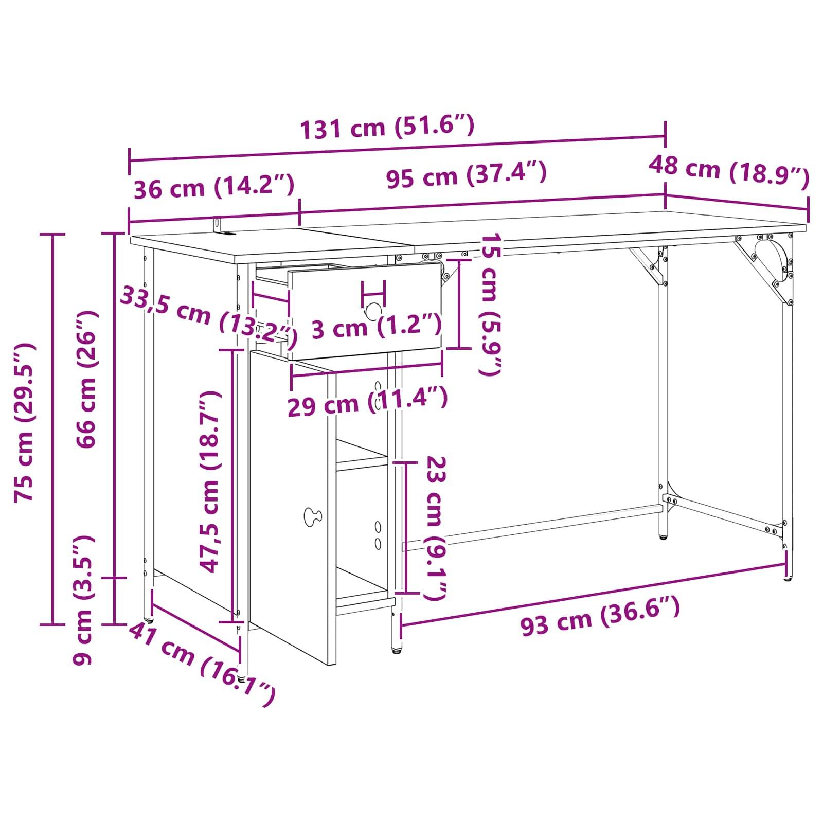 vidaXL Computertisch Artisan-Eiche Holzwerkstoff 131 x 48 x 75 cm