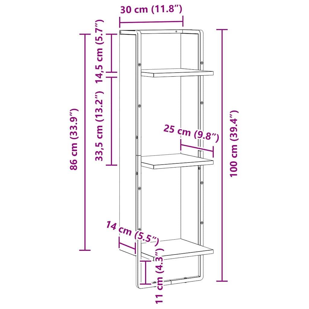 Ein hohes Regalgestell mit drei Ebenen. Abmessungen: 30 cm breit, 25 cm tief, Höhe: insgesamt 100 cm, Regale in 33,5 cm und 86 cm Höhe ab dem Boden.