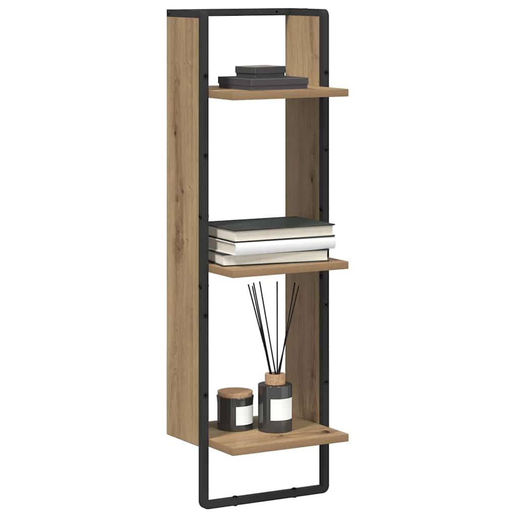 Hohe, rechteckige Regaleinheit aus Holz und Metall mit drei Ablagen. Hält Bücher, Kerzen und einen Diffuser und zeigt ein minimalistisches Design.