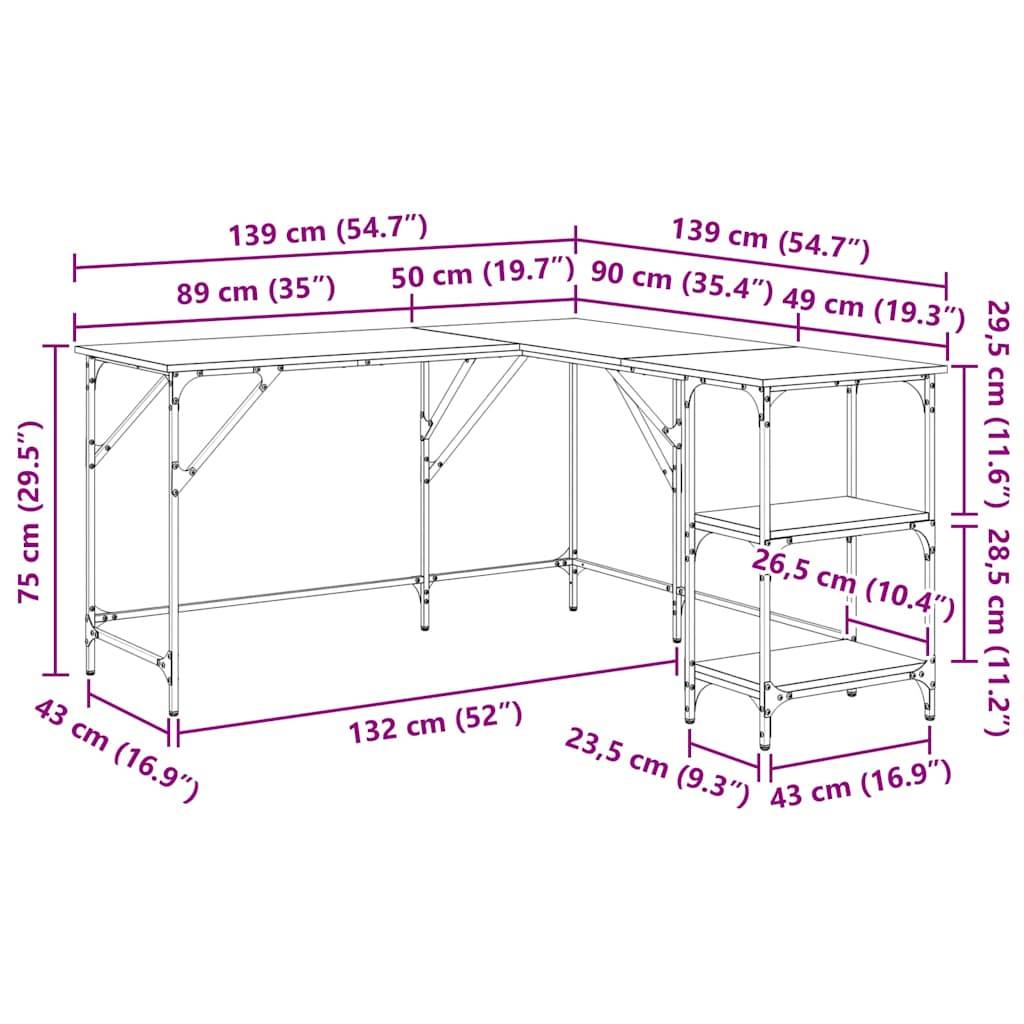 L-förmiger Schreibtisch Maße: 139 cm x 139 cm, Höhe 75 cm. Seitenlängen: 132 cm, 89 cm. Ablagen: 29,5 cm hoch. Maße in cm und Zoll.