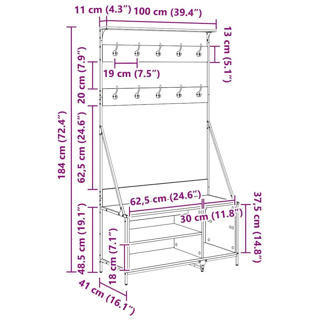 Pflanzentisch mit Haken und Regalen, Abmessungen in Zentimetern und Zoll beschriftet, mit Höhen-, Breiten- und Tiefenmessungen.