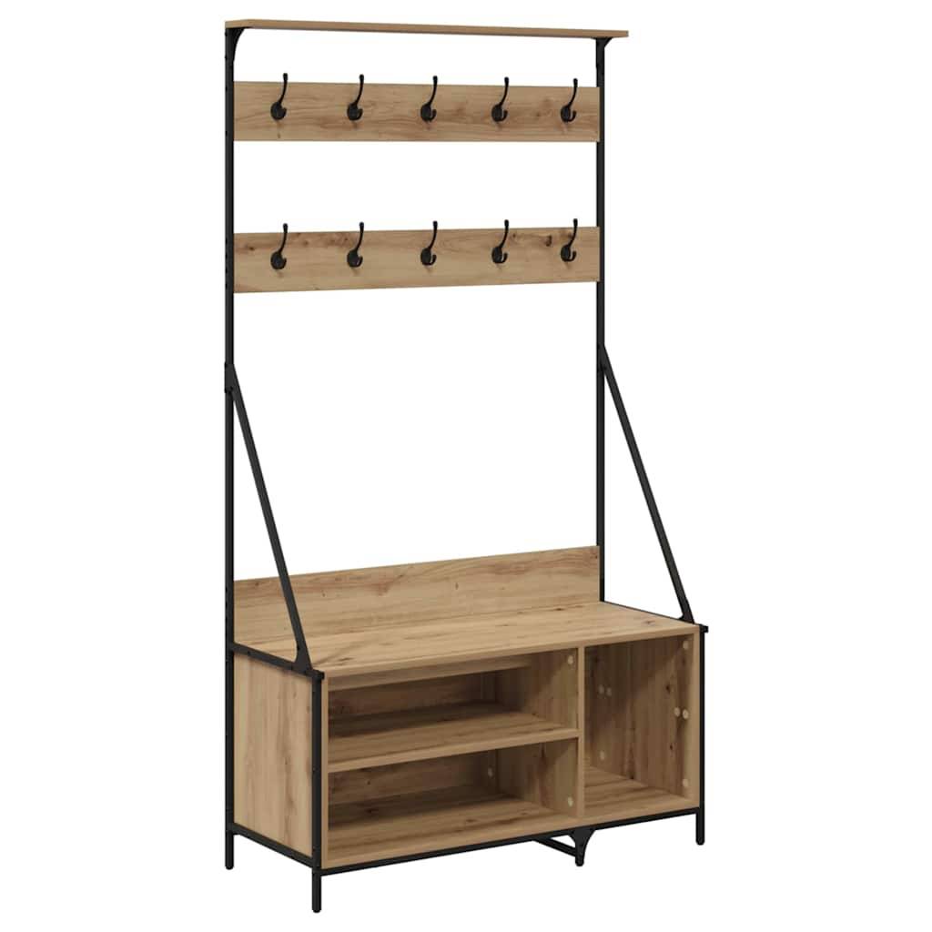 Holzgarderobe mit Metallrahmen, ausgestattet mit einem Ablageregal, zehn Haken in zwei Reihen und zwei unteren Stauraumbereichen für Schuhe oder Gegenstände.