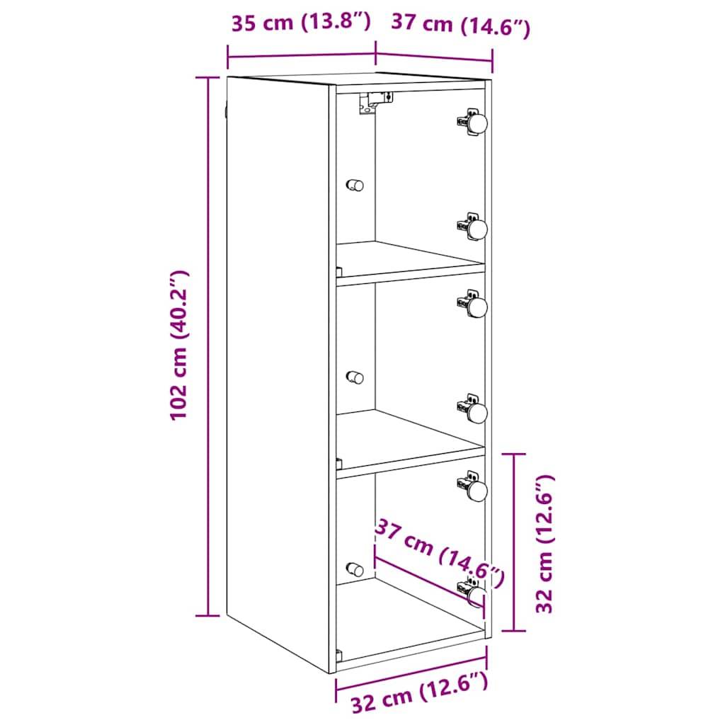 Ein Drei-Regal-Schrank mit Abmessungen in Zentimetern und Zoll: Höhe 102 cm (40,2"), Breite 37/35 cm (14,6""/13,8""), Tiefe 32 cm (12,6"").