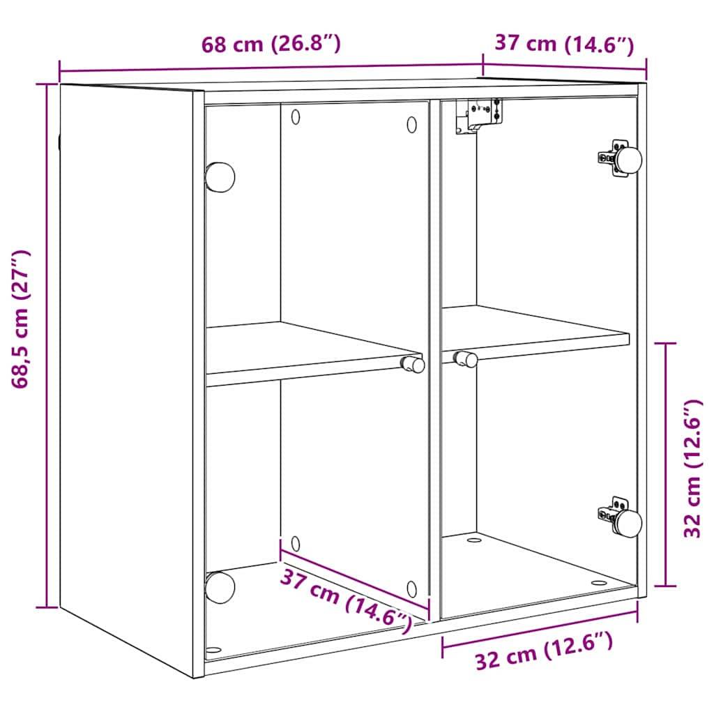 Eine Skizze eines zweiregaligen Wandschranks mit Maßen: 68 cm Breite, 68,5 cm Höhe und 37 cm Tiefe. Die Regale sind 32 cm hoch.