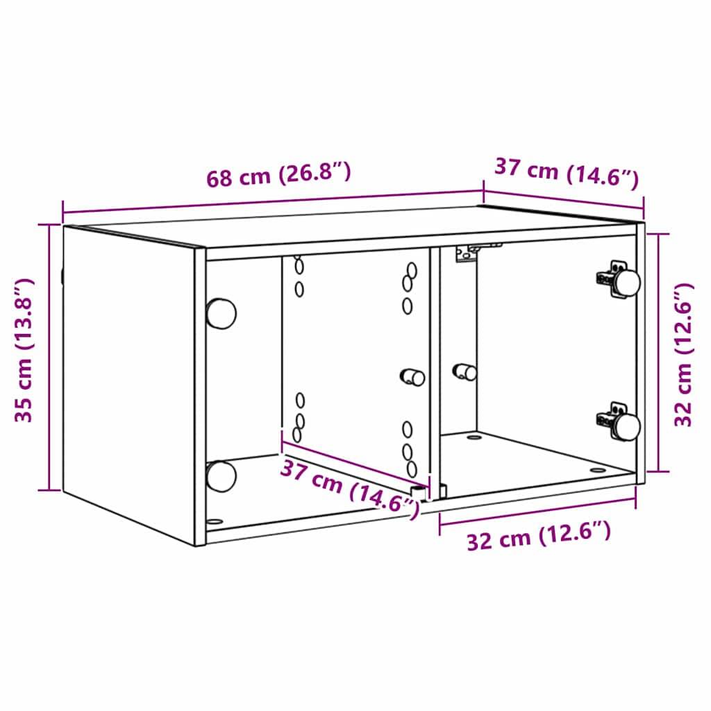 Diagramm einer rechteckigen Box mit beschrifteten Abmessungen: Breite 68 cm (26,8