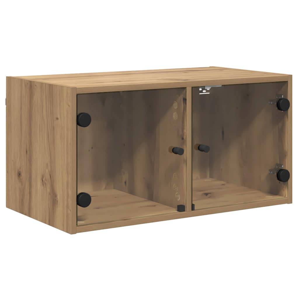 Rechteckiger Holzschrank mit zwei transparenten Türen und schwarzen Knöpfen. Geeignet für Aufbewahrung oder Präsentation, der die natürliche Holzmaserung zur Geltung bringt.