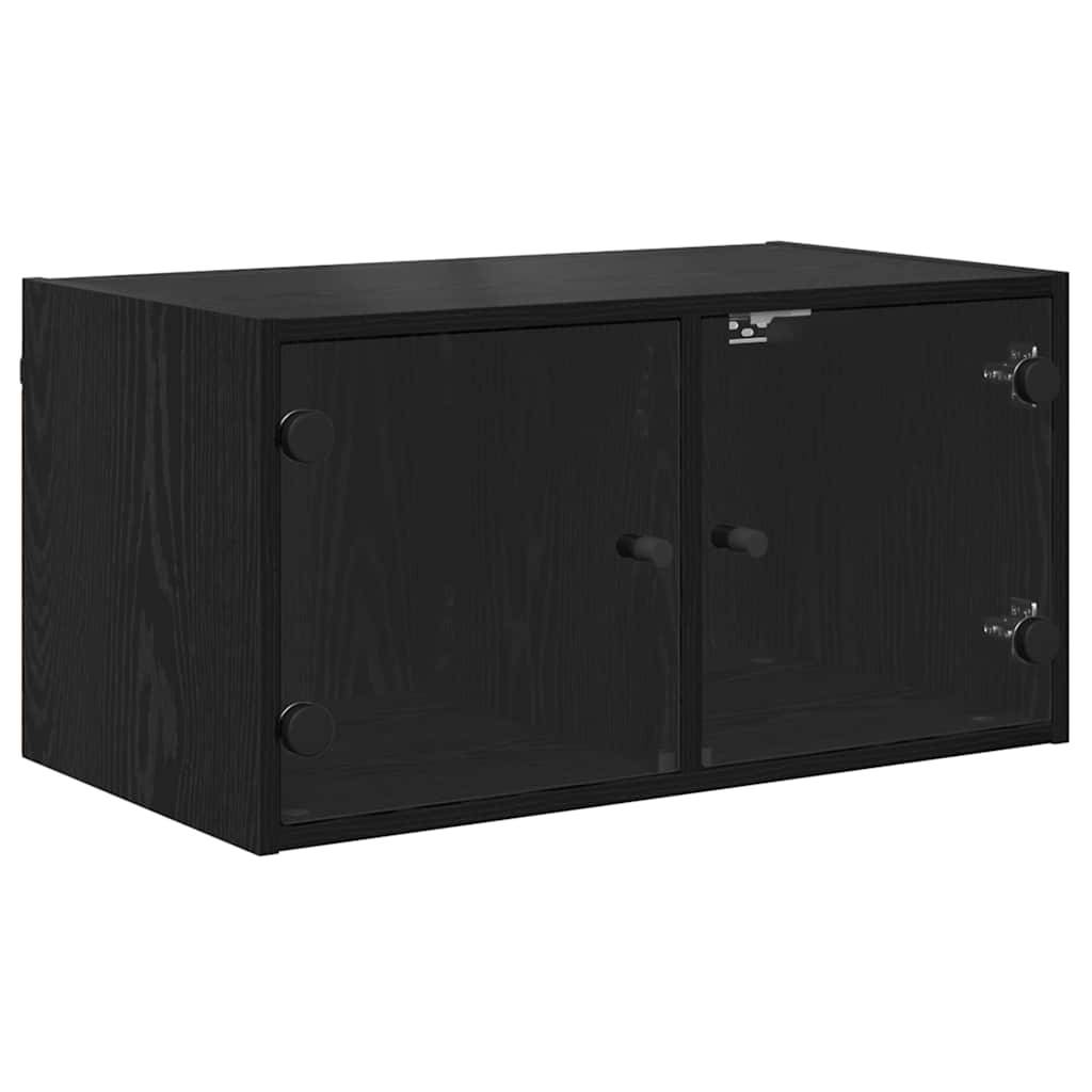 Schwarzer, wandmontierter Schrank mit zwei Türen und sicheren Schlössern, konzipiert zur Aufbewahrung. Schlichtes und modernes Design.