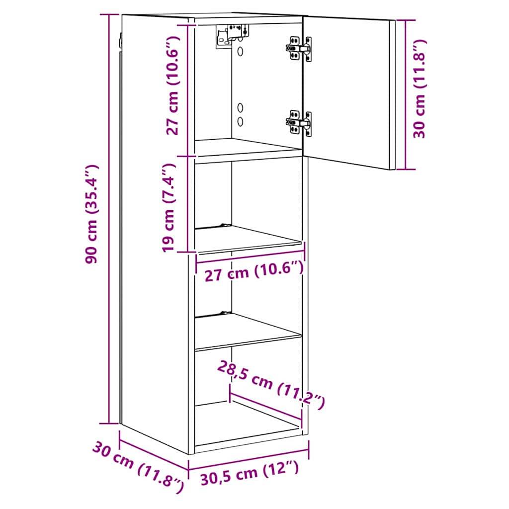 Linienzeichnung eines Schranks mit offener Tür, die die Innenabmessungen zeigt: oberes Regal 19 cm hoch, mittleres Regal 27 cm, unteres Regal 28,5 cm. Gesamthöhe 90 cm, 30 cm breit, 30,5 cm tief.
