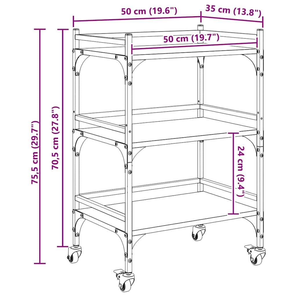 Technische Zeichnung eines Servierwagens mit drei Ebenen und Rollen, mit Maßangaben: Höhe 75,5 cm, Breite 50 cm, Tiefe 35 cm.